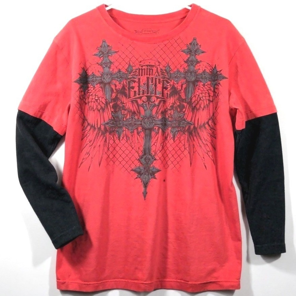 Vtg MMA Elite Long Sleeve Shirt Large Red Black Cyber Y2K Grunge Skater Thermal